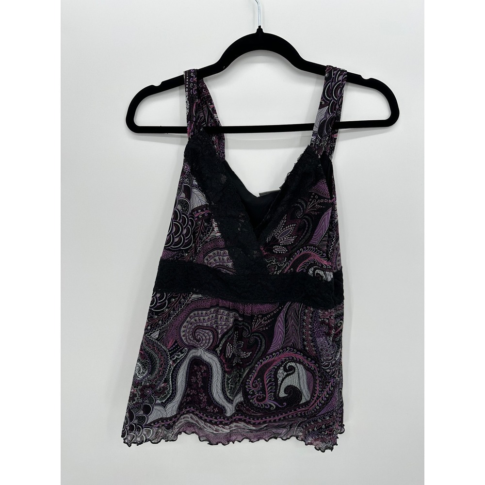 Y2K Purple Paisley Babydoll Top Sz Lace Trim Size M Fairy Coquette Lettuce Hem